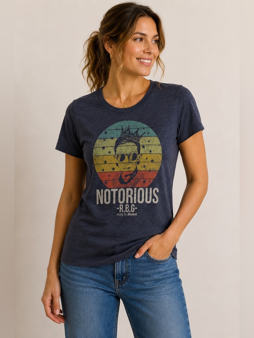 NOTORIOUS RBG Graphic Tee Short Sleeve Cotton Ready to Dissent Womens Rainbow